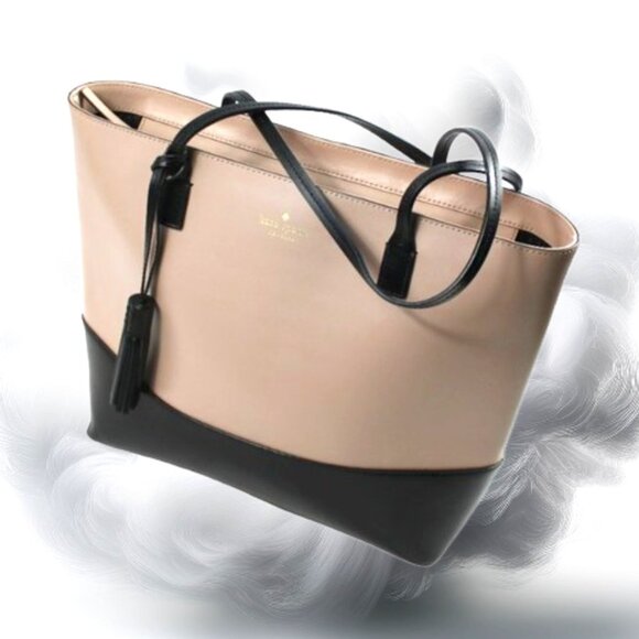 Kate Spade Wright Place Karla Two Tone Almondine & Black Leather Tote - Picture 1 of 10